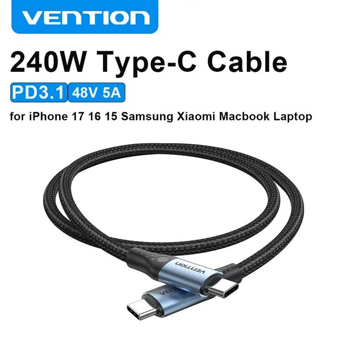 Câble USB-C Vention 240W, Câble Type-C USB-C vers USB-C PD3.1 à Charge Rapide pour iPhone 17 16 15 S