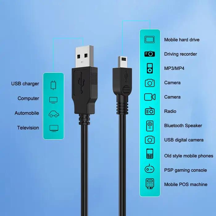 Câble USB 0,8 m 2.0A Mâle vers Mini B 5 broches 5P Port T MiniUSB pour appareils MP3 MP4, appareil p