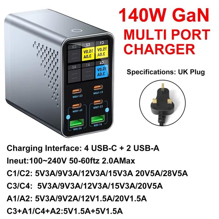 Chargeur GaN 6-en-1 PD multi-ports USB Type C avec affichage numérique, station de charge rapide pou