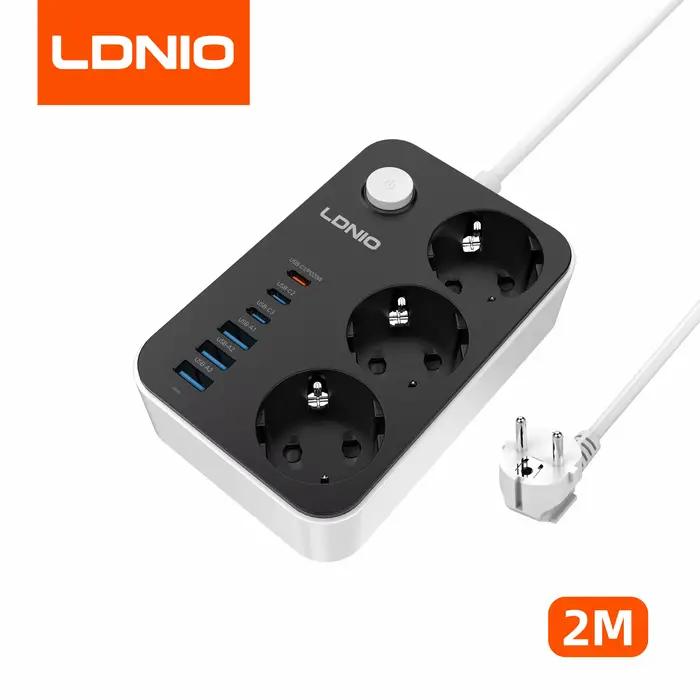 Multiprise LDNIO 3 Prises 6 Ports USB, Chargeur Rapide de Bureau 2500W, Câble 2M, Bloc Secteur pour 