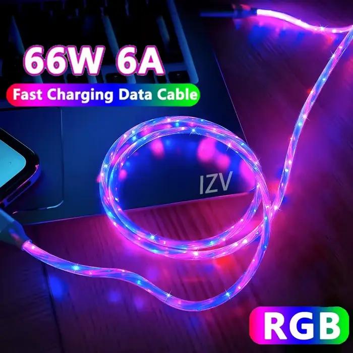 Câble USB vers C à charge rapide RGB 66W 6A, banderole colorée, ligne lumineuse pour Samsung Xiaomi 