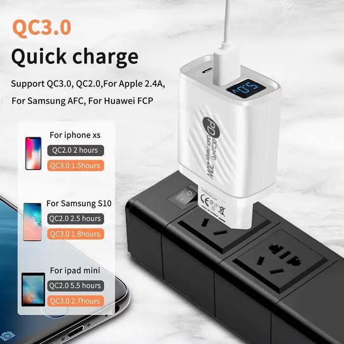 Chargeur USB PD 20W, Charge rapide, Type C, affichage numérique, adaptateur de Charge de téléphone p