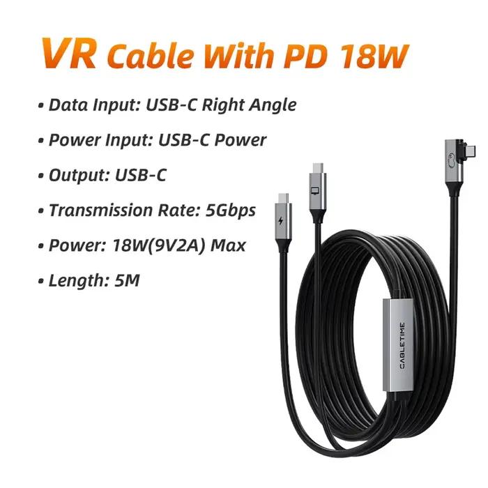 CABLETIME Câble VR Link 16FT avec chargeur 18W – Compatible avec Meta Quest 3S/3/2/Pro, Oculus Quest