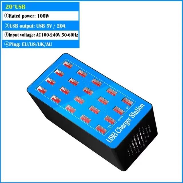 Station de charge USB multi-ports pour smartphones, tablettes, transformateurs USB, 20 ports, 100W