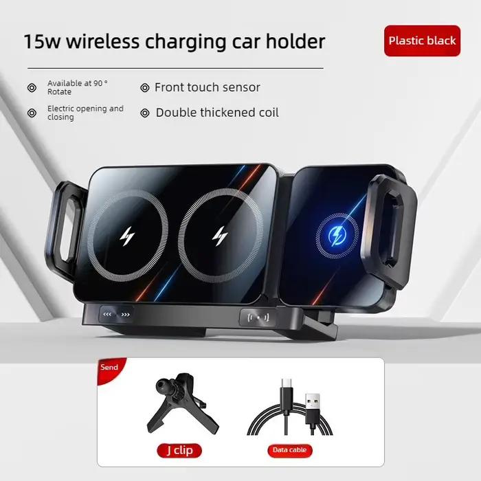 Support de téléphone de voiture pliable à double bobine universel, chargeur sans fil, charge rapide,
