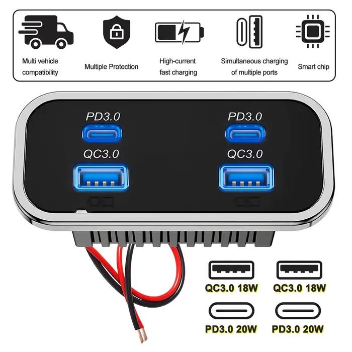 Prise USB 76W 12V, chargeur de voiture 4 ports, double port QC3.0 18W et double port PD3.0 20W, pann