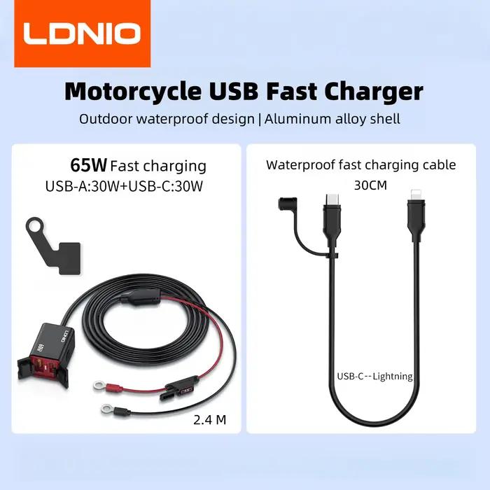 LDNIO moto USB C chargeur rapide PD + qc3.0 60W prise étanche type C téléphone portable 12V / 24V ch