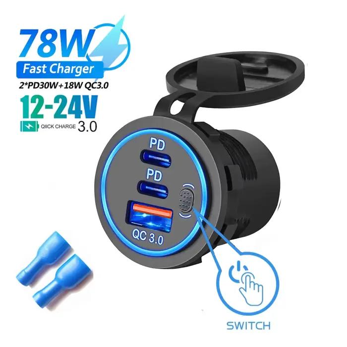 Prise de chargeur de voiture étanche avec interrupteur tactile LED, double ports USB C, charge rapid