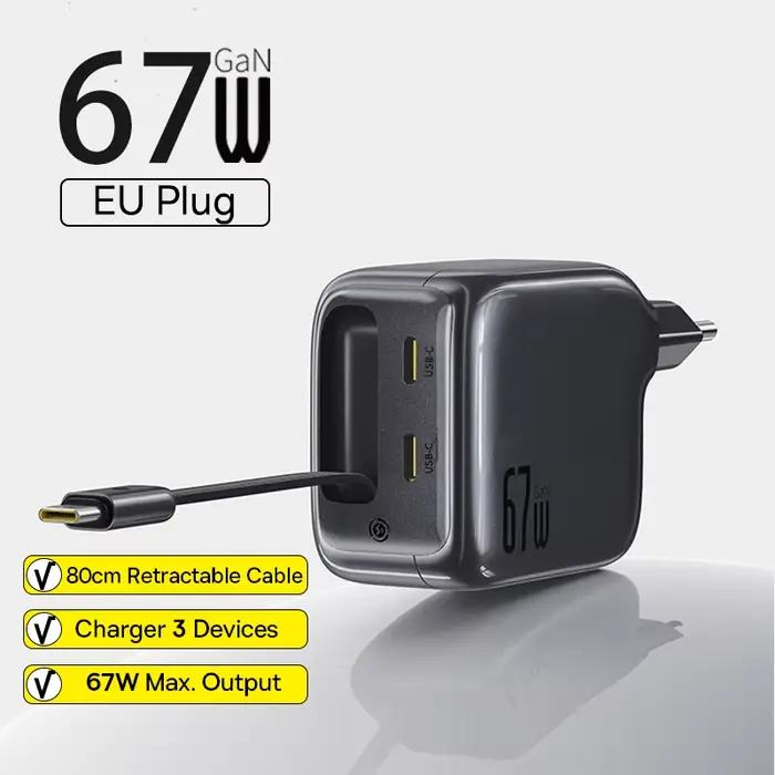 Chargeur GaN Baseus 67W avec double câble rétractable chargeur rapide pour iPhone Xiaomi Samsung cha