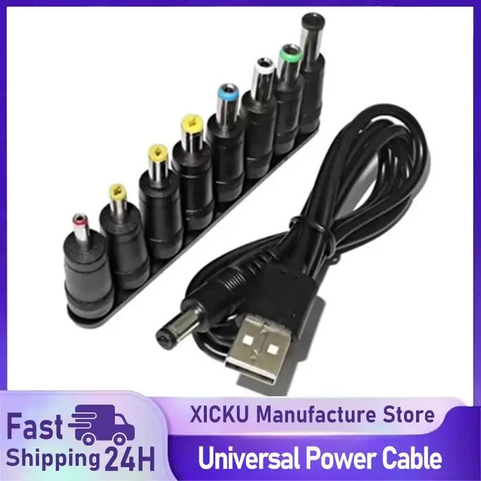 ​ Câble d'alimentation universel USB vers DC, Jack 5.5x2.1mm, cordon de chargement 5V avec 8 embouts