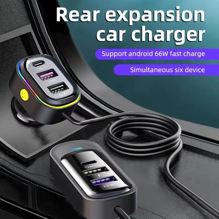 Extension avant-arrière, chargeur de voiture 6 ports, lumière RGB, charge rapide PD, adaptateur USB 