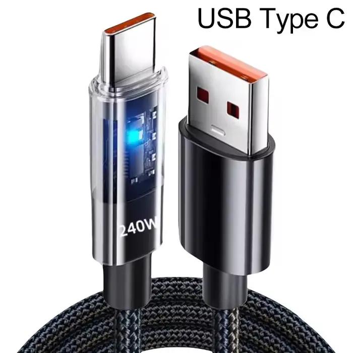 Câble de chargement USB Type C en Nylon 240w, très rapide, affichage numérique Led, cordon de donnée