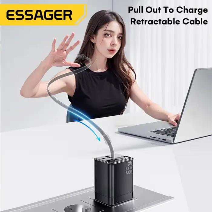 Chargeur GaN Essager 65W avec câble rétractable PD charge rapide pour ordinateur portable Macbook iP