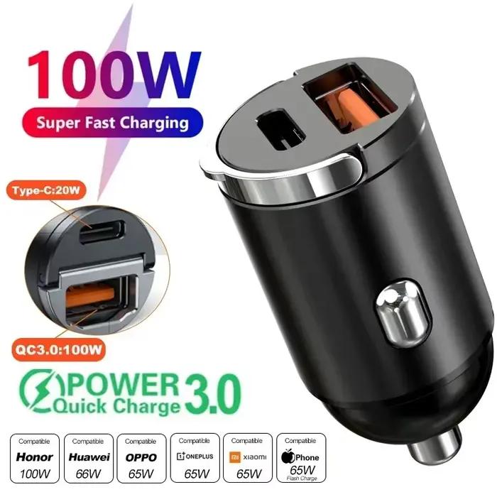 Chargeur de voiture mini 100W/200W QC3.0 PD 12-24V, charge rapide, chargeur USB Type C pour voiture,