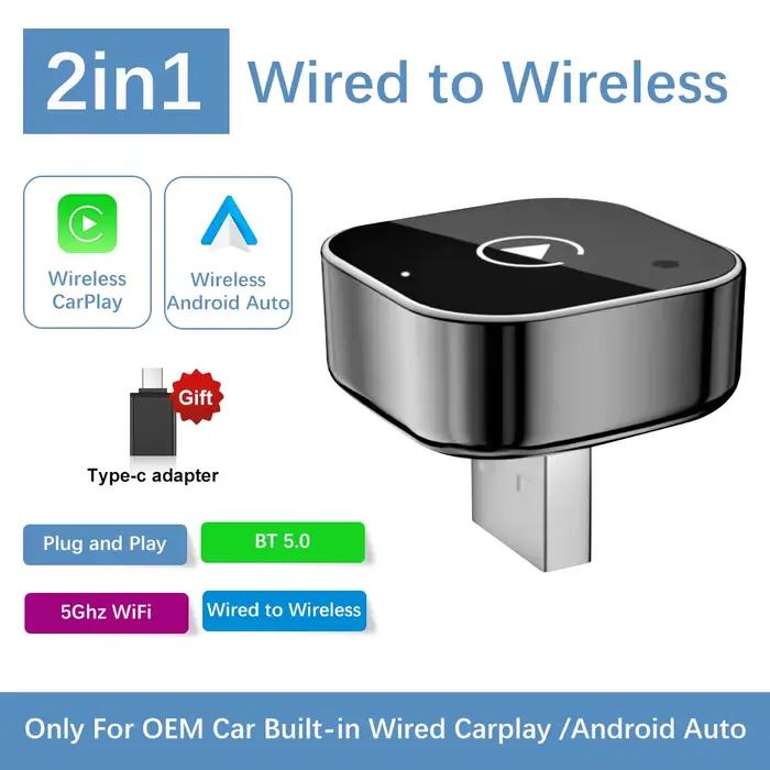 Adaptateur CarPlay/Android Auto 2-en-1 filaire vers sans fil 2026 pour Apple et Android – Plug and P