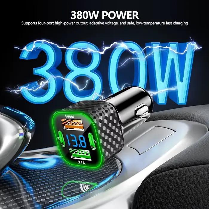 Chargeur de téléphone de voiture 4 en 1, USB C double PD avec affichage de tension, adaptateur de Ch