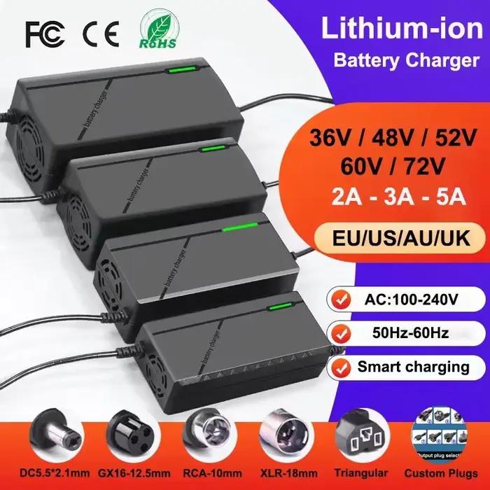 Chargeur Intelligent 36V 48V 52V 60V 72V, 2a 3a 5a, charge rapide 10s 13s 14s 16s 20s pour batterie 