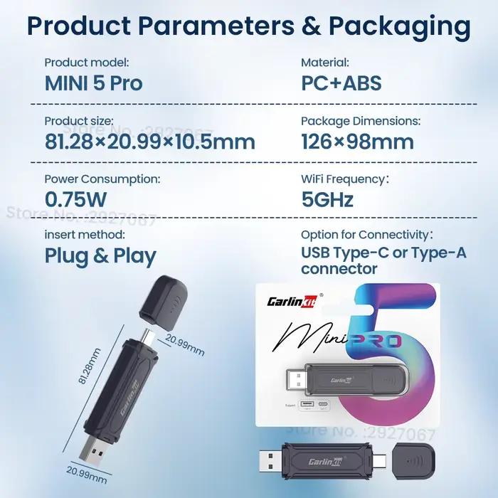 Adaptateur CarPlay sans fil CarlinKit MINI 5 Pro Plug and Play Android Auto Box Dongle USB pour voit