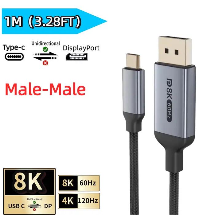 Câble USB C vers DisplayPort 1.4 8K, unidirectionnel, 8K @ 60Hz, 4K @ 120Hz, avec chargement PD, pou