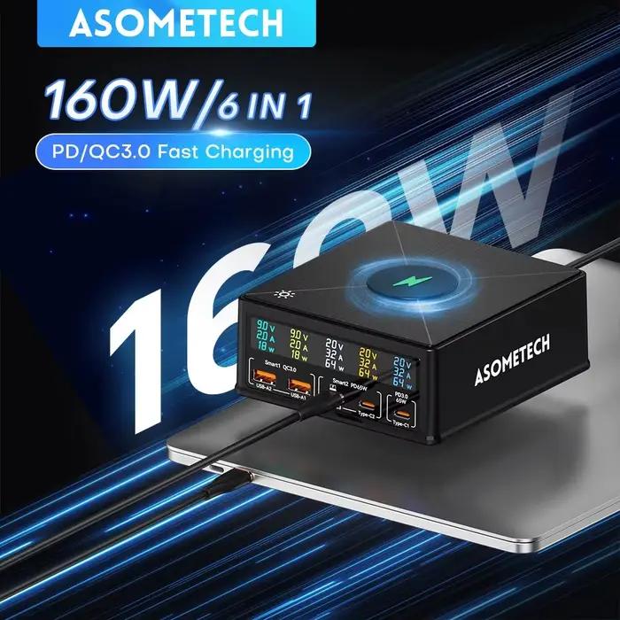 ASOMETECH 160W USB Station de charge sans fil 100W 65W PD PPS GaN chargeur chargeur rapide pour ordi