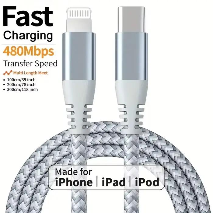 Câble de données de type C vers Lightning en nylon tressé, prend en charge la charge rapide et le tr