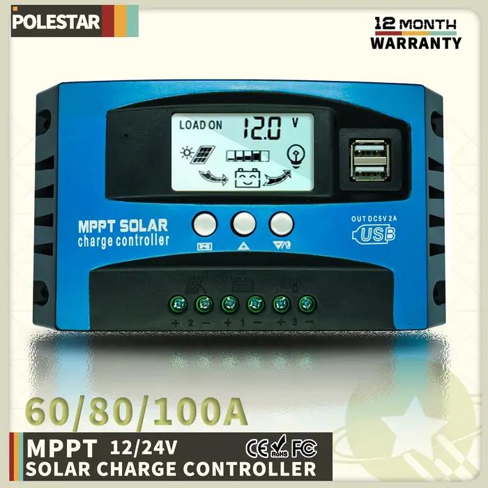 Polestar contrôleur de Charge solaire 12V 24V 60A 80A 100A double USB écran LCD cellule automatique 