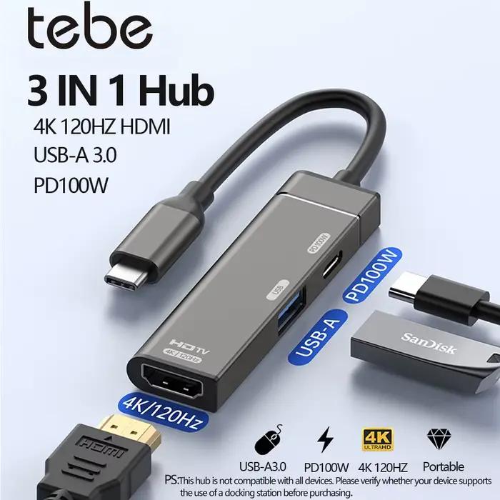 Tebe 3 en 1 USB C Hub type-c à 4K 120HZ HDMI-Compatible USB3.0 données 100W PD type-c adaptateur de 