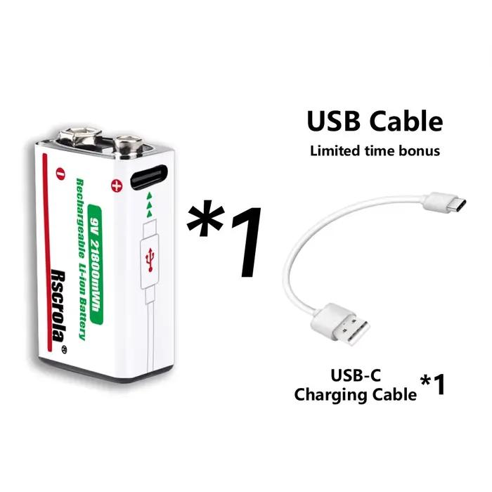Batterie Rechargeable 9V Charge USB-C, batterie Li-Ion 9V longue durée de 1800mWh avec câble gratuit