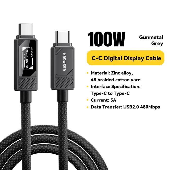 Câble ESSAGER 100W Type C à C avec affichage numérique câble de charge rapide PD pour MacBook Pro/Ai
