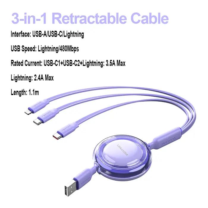 Vention USB C câble 3 en 1 rétractable USB Type C câble Lightning fil pour iphone 17 16 15 14 Samsun