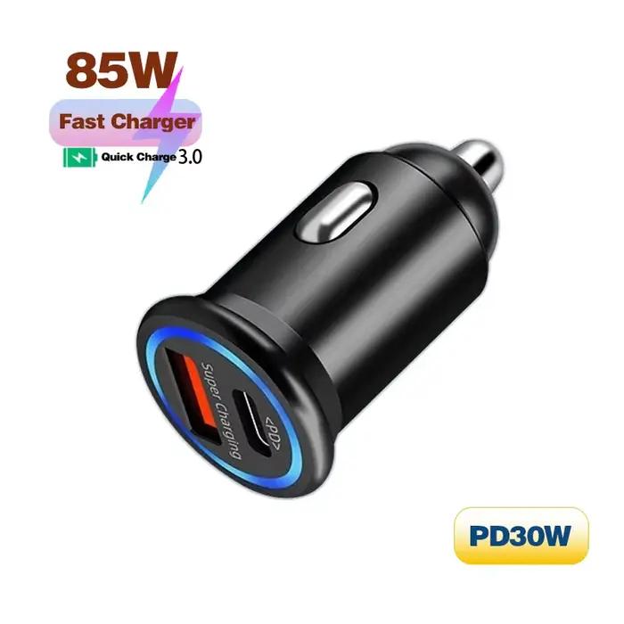 Chargeur allume-cigare de voiture en métal avec lumière d'ambiance 85W PD30W/QC3.0 Charge ultra rapi