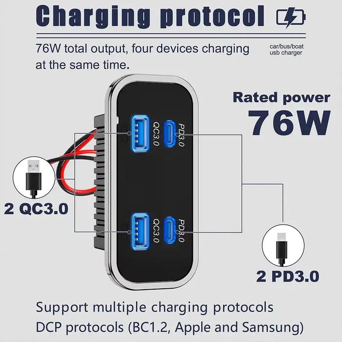 Prise USB 76W 12V, chargeur de voiture 4 ports, double port QC3.0 18W et double port PD3.0 20W, pann