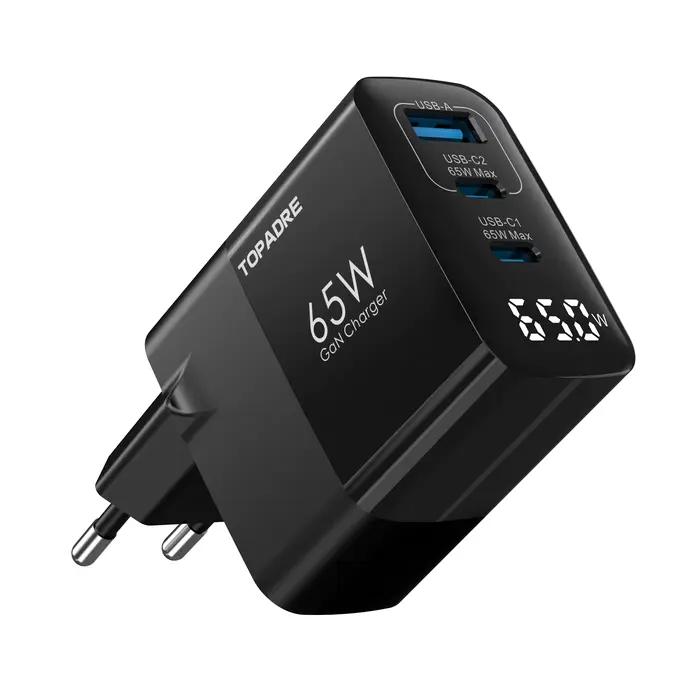Chargeur USB-C 65W à 3 ports avec écran LED, charge rapide pour MacBook, iPad Pro/Air, iPhone 17/16/