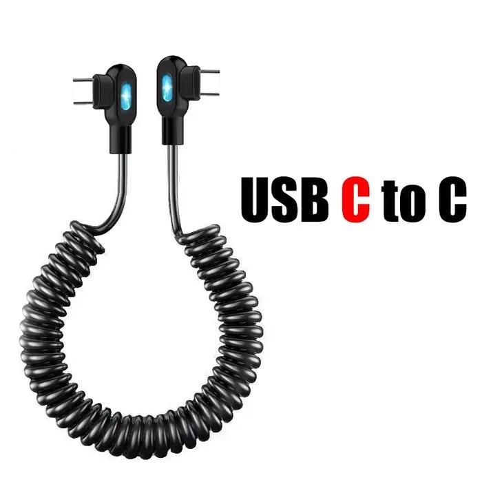 Câbles USB Type C enroulés rétractables, cordon de données de charge rapide 6A, ressort coudé à 90 d