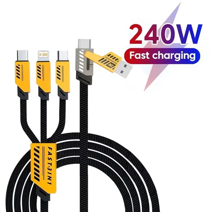 Câble de charge multiple 240W 1,2m 3 en 2 ports, cordon de charge rapide compatible Type-C Micro USB
