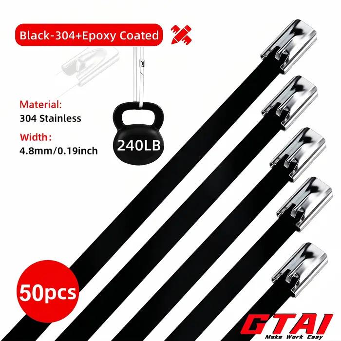 Attache métallique noire, 50 pièces, robuste, en acier inoxydable 304, revêtement époxy, autobloquan