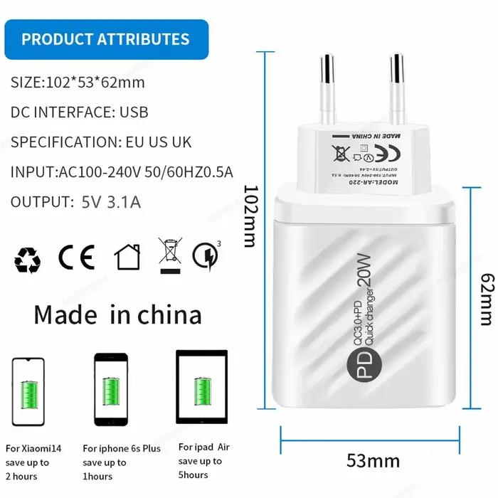 Chargeur USB PD 20W, Charge rapide, Type C, affichage numérique, adaptateur de Charge de téléphone p