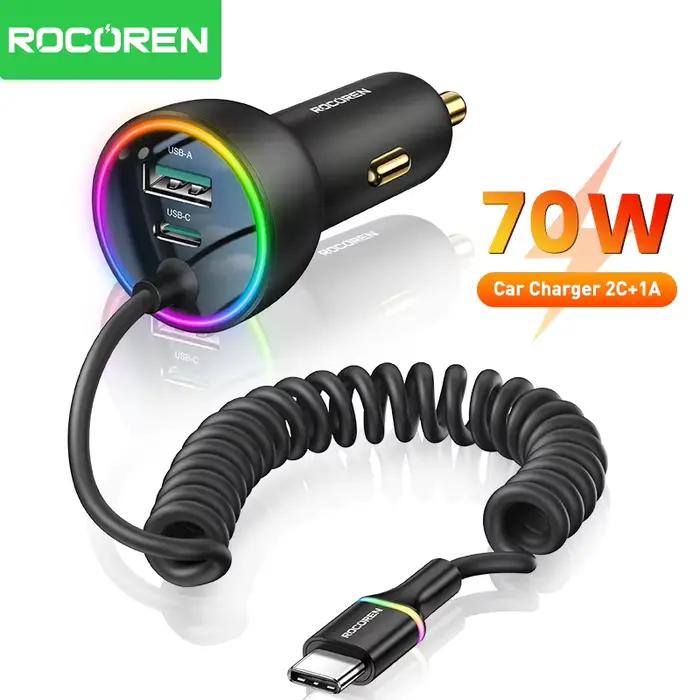 Chargeur de voiture Rocoren 70W à charge rapide PD 35W USB C avec câble de charge à ressort, chargeu