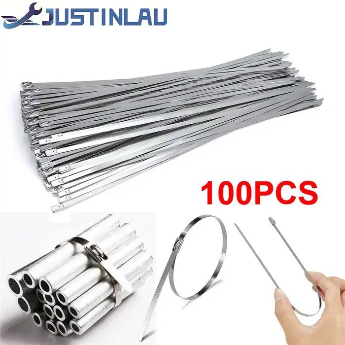 100 pièces 304 # Attaches de câble en acier inoxydable, 4.6mm, robuste, autobloquant, fermeture écla