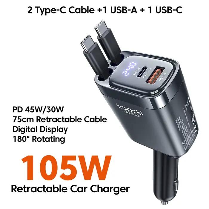 Toocki 105W chargeur de voiture USB C câble rétractable 0.75m PD 45W QC 3.0 SCP SFC2.0 PPS charge ra