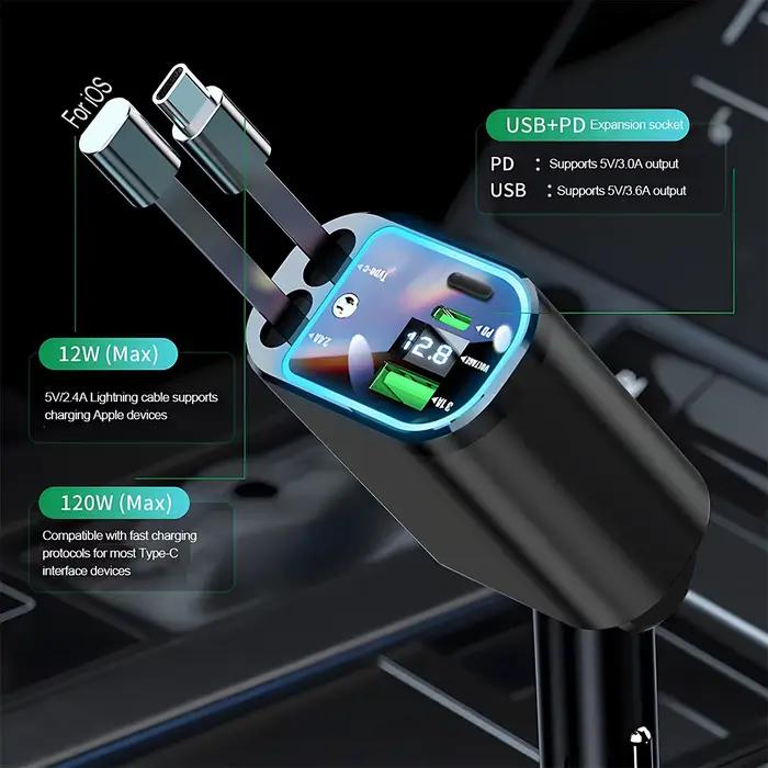 KEBIDUMEI – chargeur de voiture rétractable M4, câble de charge rapide 5 en 1 avec lumière étoile, Port USB PD, adaptateur d'alimentation type-c, chargeurs de téléphone