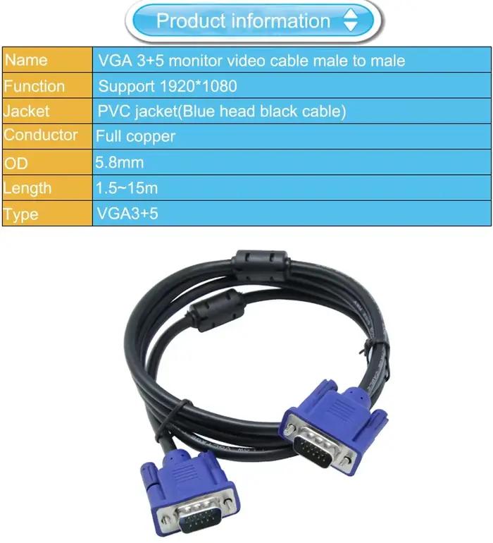 Câble VGA mâle à mâle de haute qualité pour ordinateur, moniteur, projecteur et télévision - 1,5m, 1,8m, 3m, 5m, 10m, 15m