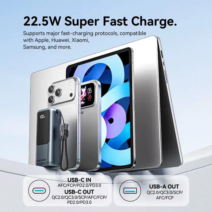 Vention Mini Power Bank 10000mAh 22.5W Chargeur Portable avec Câble USB-C Intégré PD 3.0 Charge Rapide pour iPhone 17 Samsung S25 S24