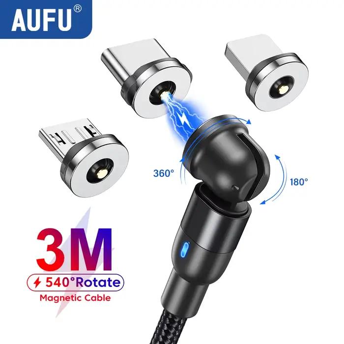 Câble magnétique multifonctionnel AUFU 540 pour iPhone Xiaomi Samsung Huawei charge rapide coudé tressé pour charge sécurisée et pratique