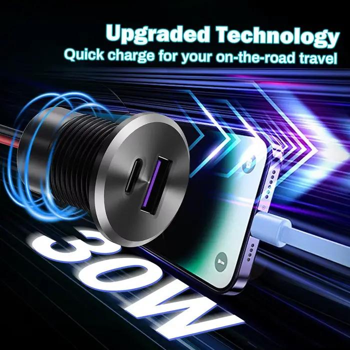 Mini chargeur de voiture double charge rapide 30W USB-C 18W USB-A, adaptateur de chargeur de téléphone de voiture, accessoires de voiture pour systèmes D.C 12V-24V