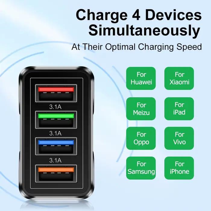 Adaptateur de chargeur rapide mural 4 Ports