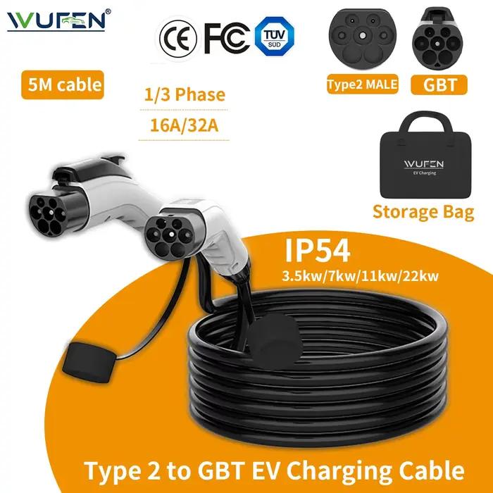 WUFEN 16A/32A 3.5/7/11/22kW Type 2 vers GBT câble de charge portable IEC 62196-2 chargeur pour véhicules électriques voiture Station publique