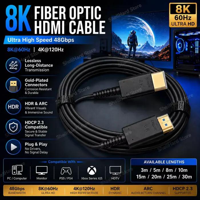 Câble HDMI à fibre optique 8K 60Hz 48Gbps pour HDTV XBOX PS5 et autres appareils multimédias pour une qualité visuelle exceptionnelle et une transmission sans perte