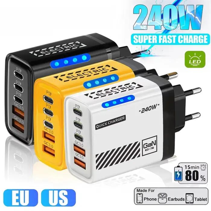 Chargeur de bureau 5-en-1 GaN 240W USB-C PD QC 3.0 à charge rapide pour MacBook