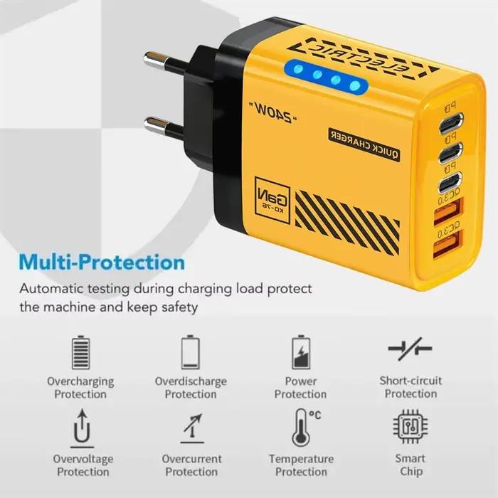 Chargeur USB-C GaN 5-en-1 240W PD à charge rapide 3.0 avec prises EU US UK pour iPhone 17 16 15 Samsung Xiaomi Huawei